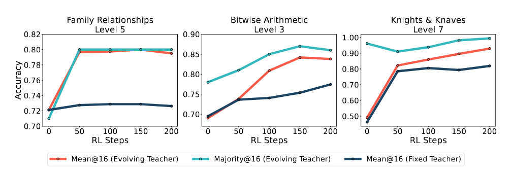 Self training performance on reasoning gym datasets.